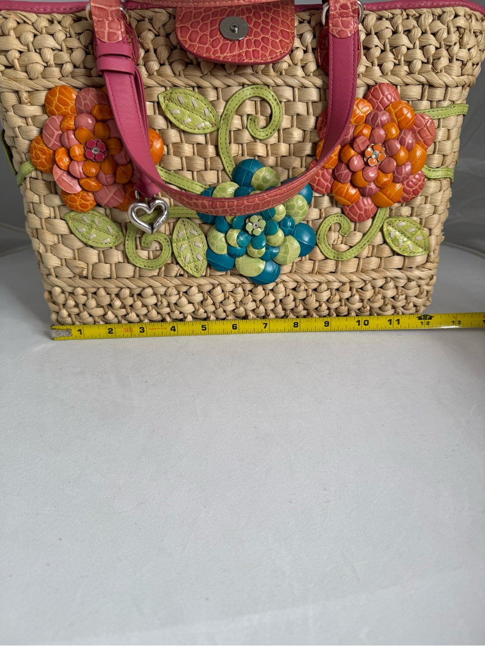 Brighton Beige Straw Tote with Pink Trim and Multicolor leather Floral Appliqués - Picture 6 of 12